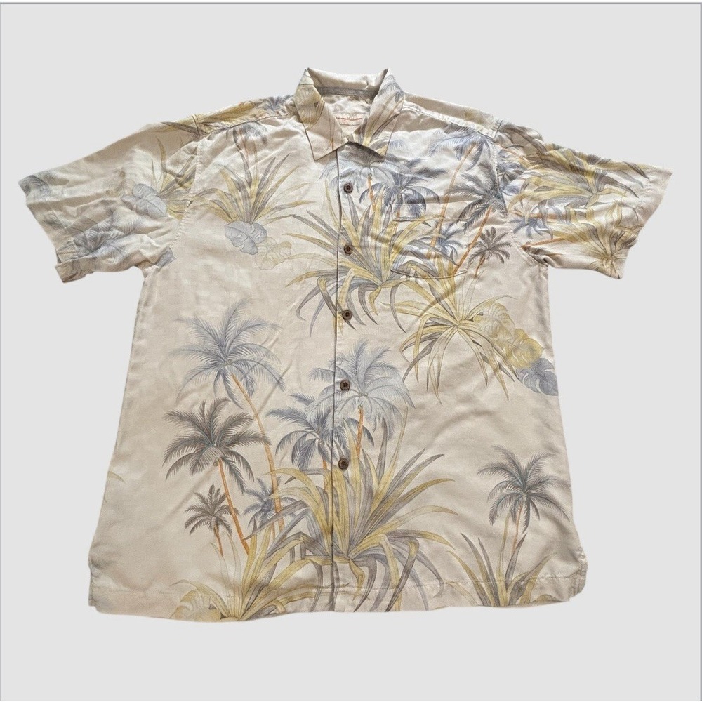 Tommy Bahama Men's Medium 100% Silk Hawaiian Shirt Large Palm Trees Pastel